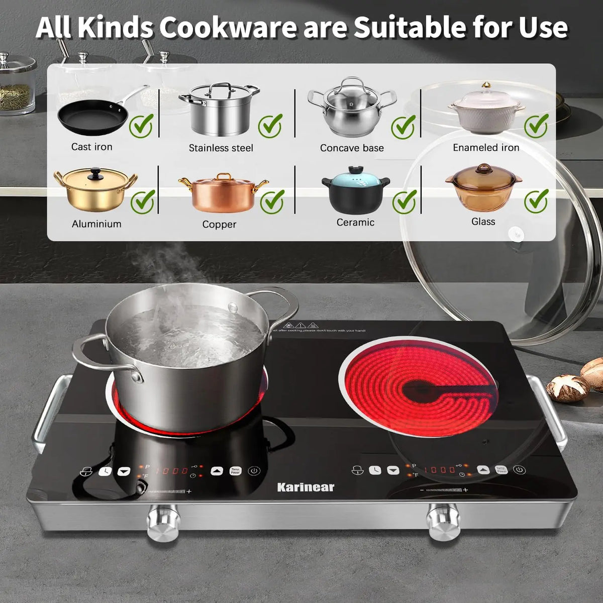 Karinear Ceramic Electric Hob With Dual Zone Heating And Safety Lock