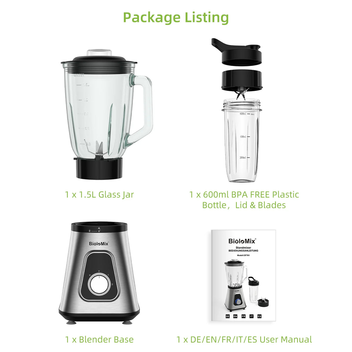 BioloMix Smoothie Blender With Glass Jar For Frozen Drinks