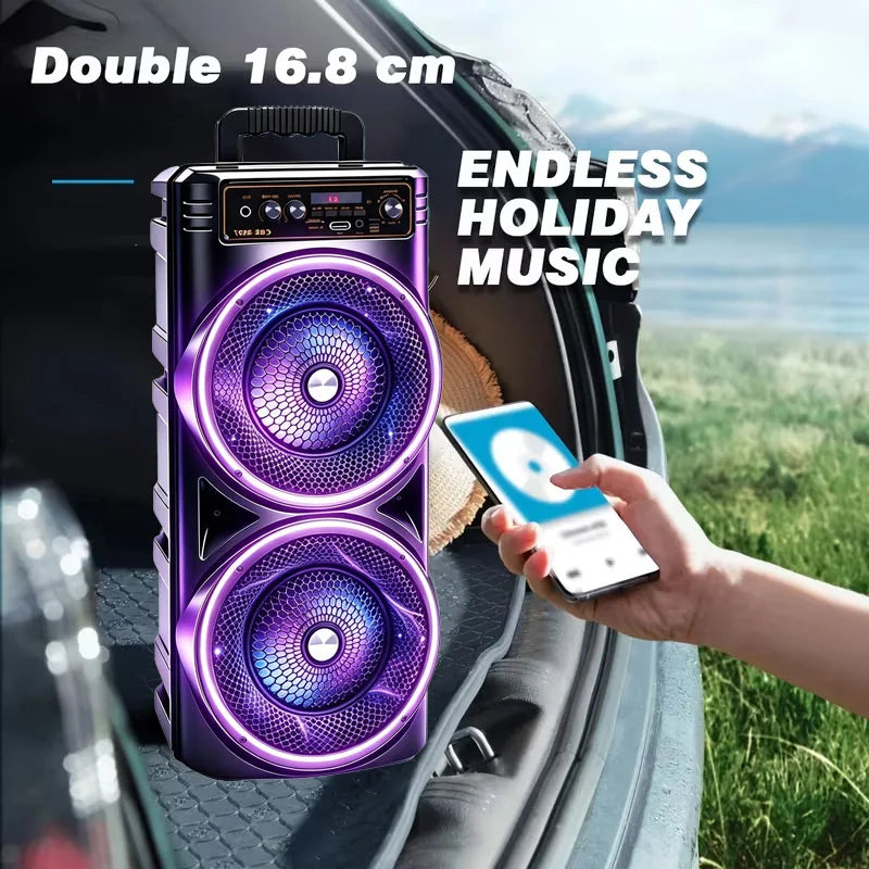 Professional‑Grade Portable Bluetooth Speaker, Dual‑Driver with Dynamic RGB LED Lights, TWS Wireless Stereo Interconnection, Supports Bluetooth, USB Drive, TF Card, Microphone and FM Radio, Compact Outdoor Speaker for Par