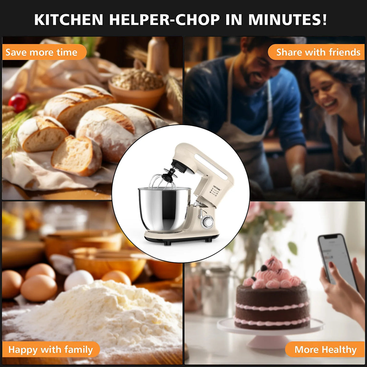 Cheftronic Tilt Head Stand Mixer With Dough Hook And Whisk