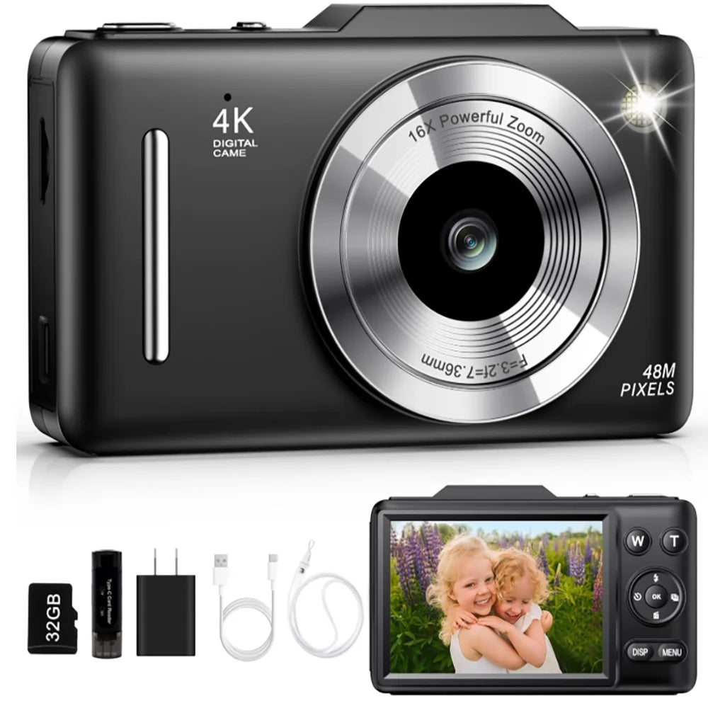 4K Digital Camera For Teen Students, 48MP Compact Photo Video Camcorder With 16X Digital Zoom, Portable Point‑and‑Shoot Camera With 32GB Card For Travel Daily Self‑Shooting