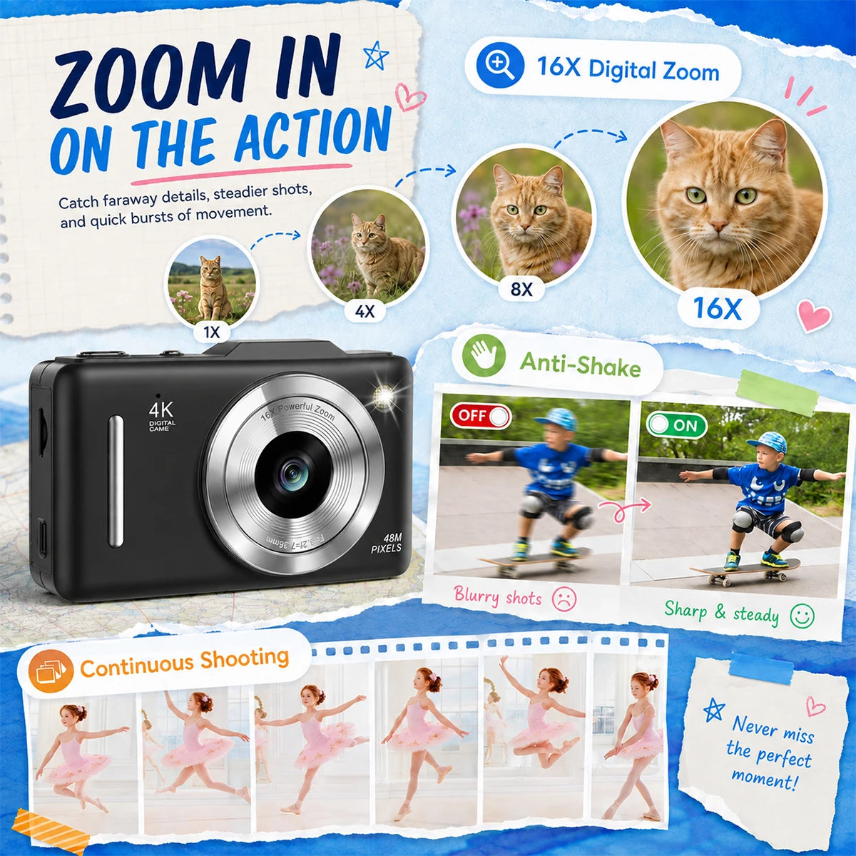 4K Digital Camera For Teen Students, 48MP Compact Photo Video Camcorder With 16X Digital Zoom, Portable Point‑and‑Shoot Camera With 32GB Card For Travel Daily Self‑Shooting