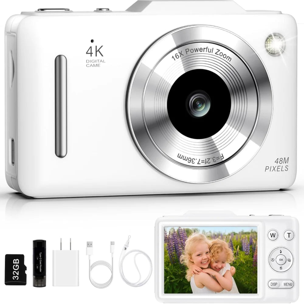 4K Digital Camera For Teen Students, 48MP Compact Photo Video Camcorder With 16X Digital Zoom, Portable Point‑and‑Shoot Camera With 32GB Card For Travel Daily Self‑Shooting
