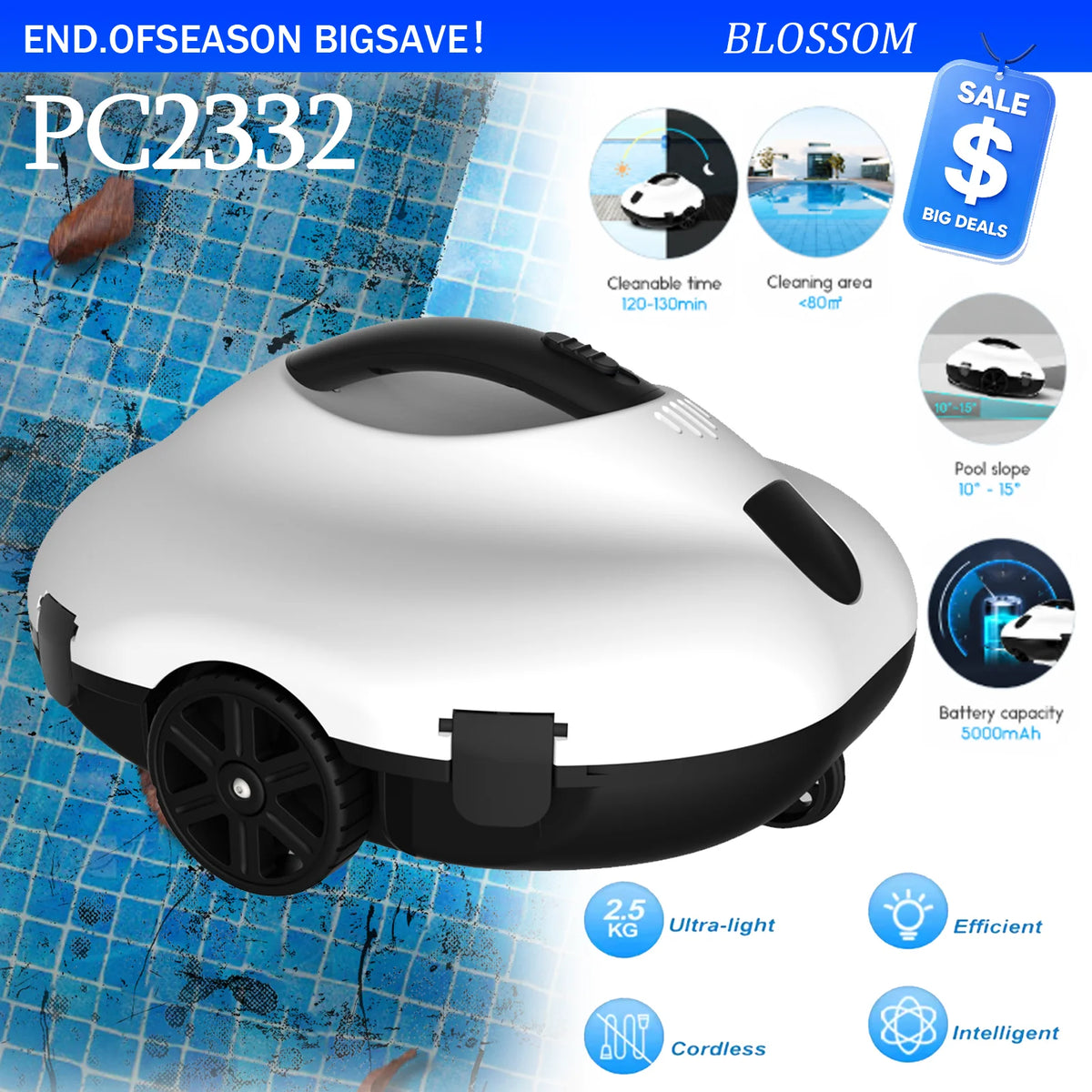 Blossom PC2332 Cordless Robotic Pool Cleaner 120Min Runtime 80㎡ Working Area Self-Parking For Inground Pools
