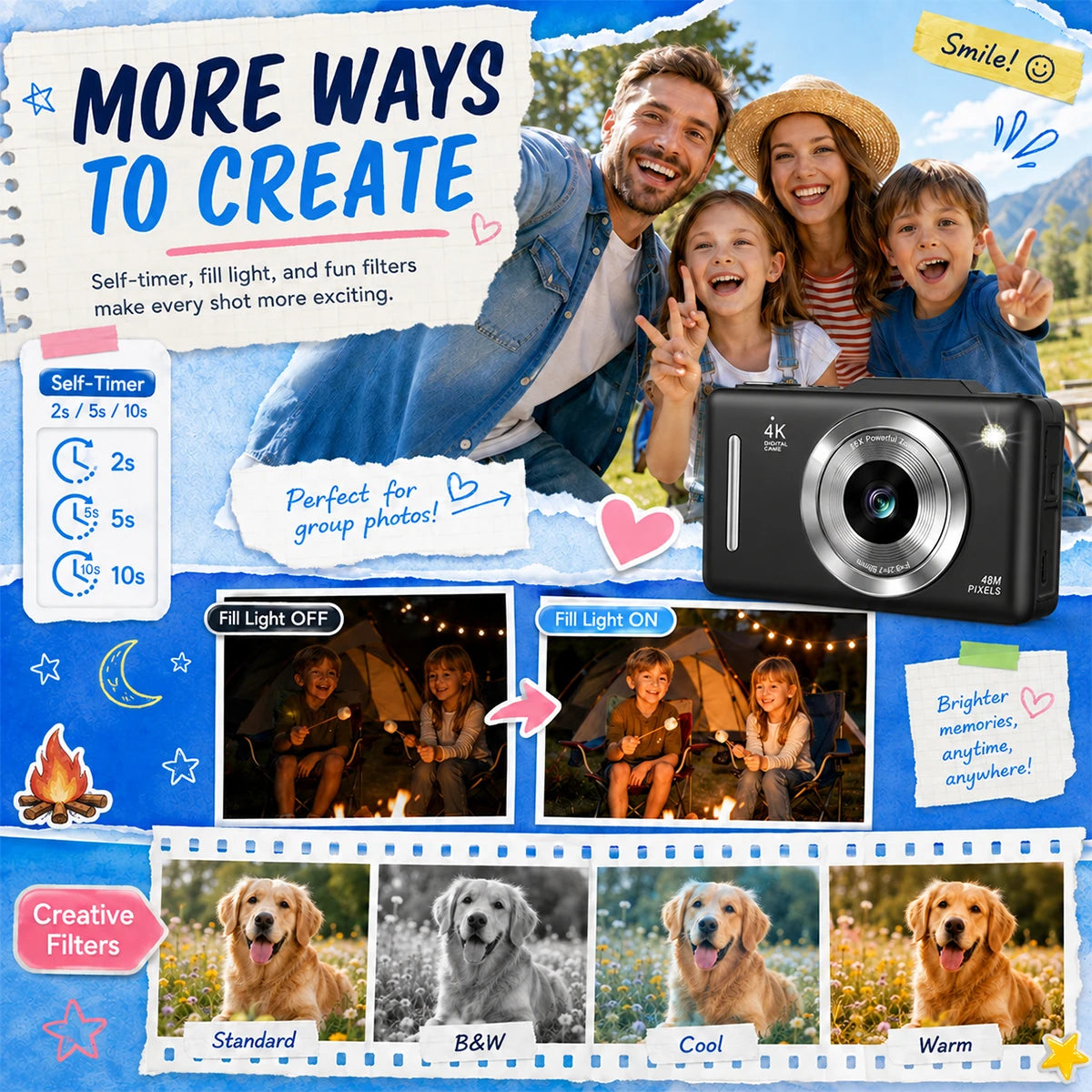 4K Digital Camera For Teen Students, 48MP Compact Photo Video Camcorder With 16X Digital Zoom, Portable Point‑and‑Shoot Camera With 32GB Card For Travel Daily Self‑Shooting