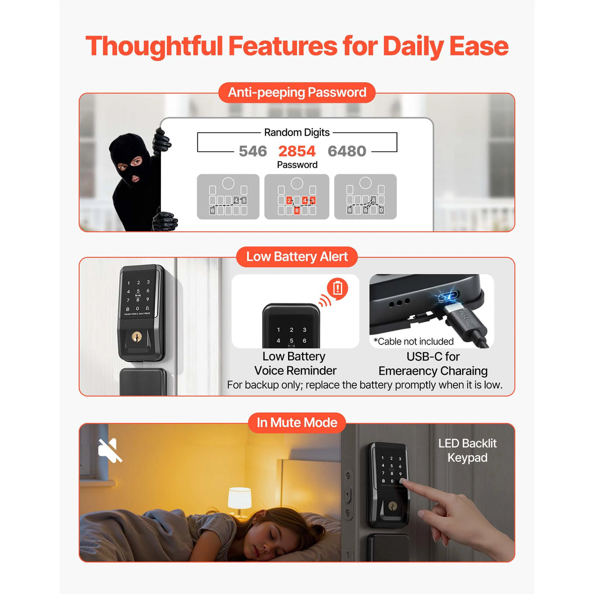 SucceBuy Keyless Entry Door Lock Set Touchpad Deadbolt with IC Card Customizable Codes Auto Lock Anti-Peeking Backlit for Home
