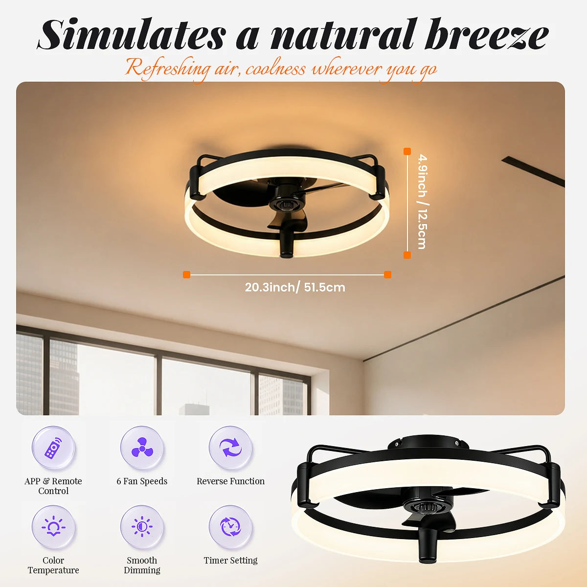 Aiopp Modern Flush Mount Ceiling Fan With Dimmable LED Light