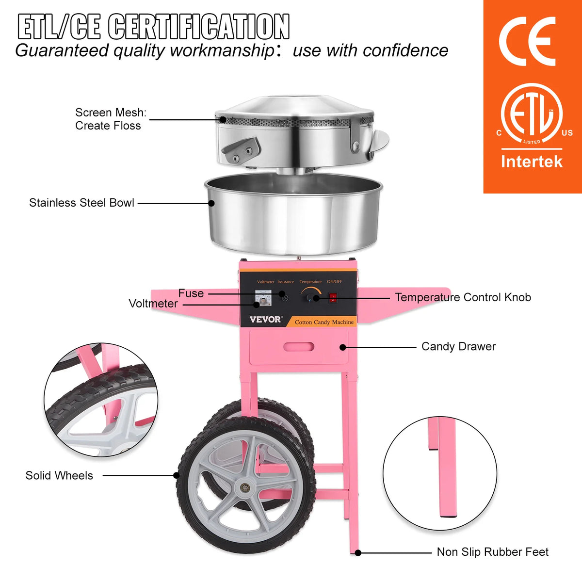 SucceBuy Commercial Cotton Candy Machine With Cart And Stainless Bowl
