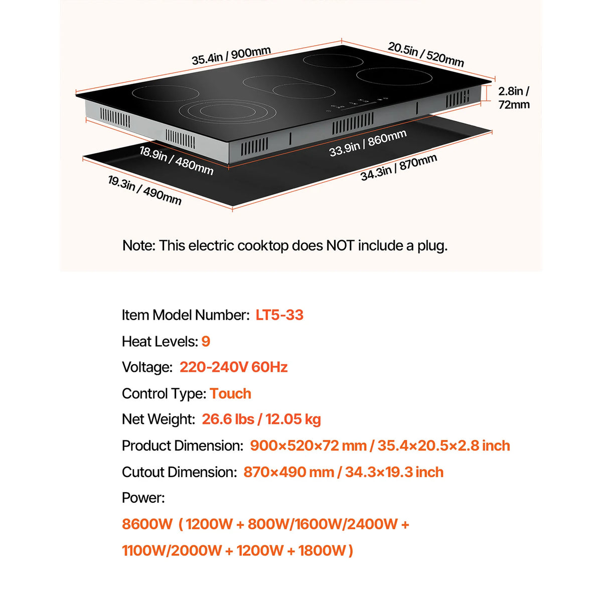 VEVOR Electric Cooktop With Ceramic Glass Touch Control Timer