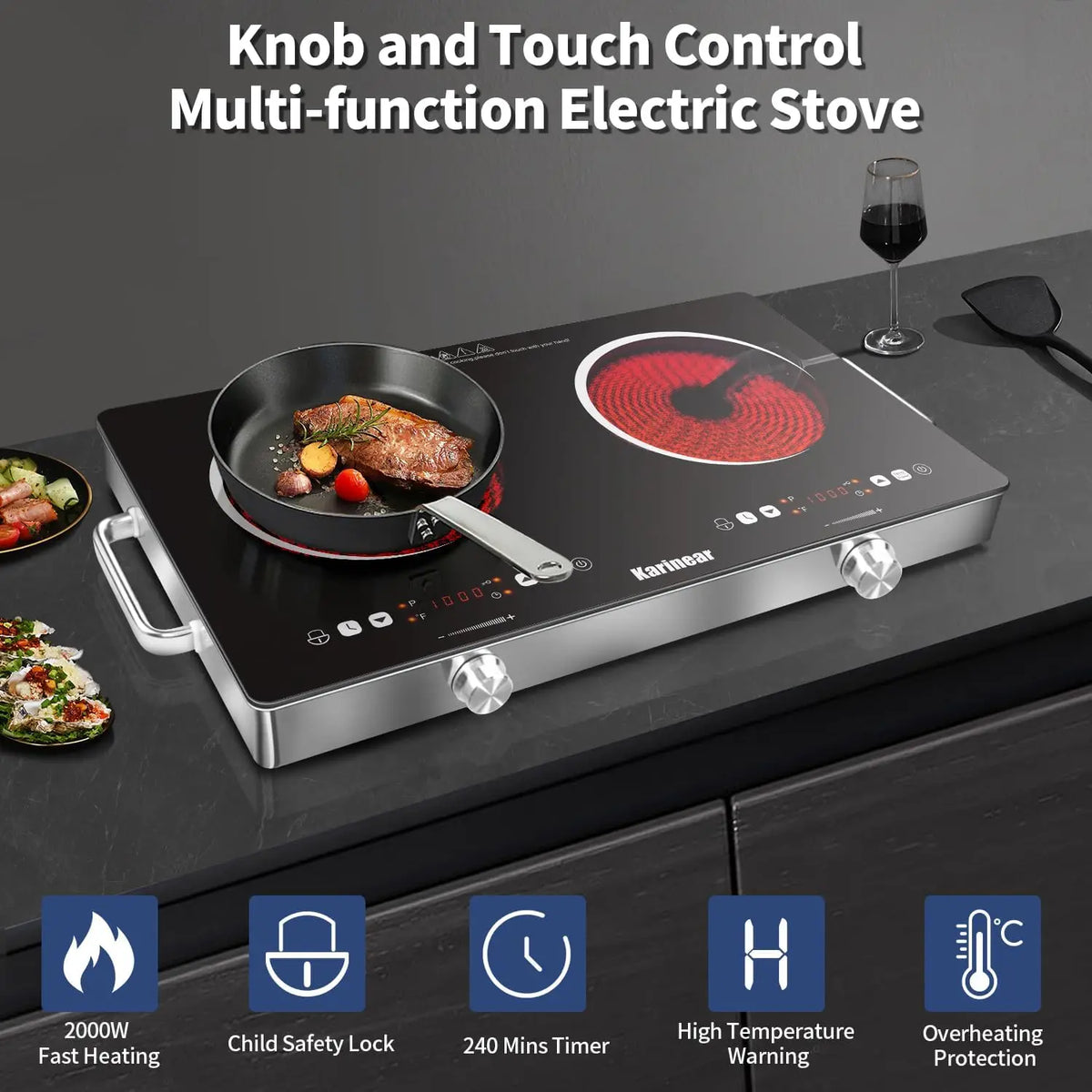 Karinear Ceramic Electric Hob With Dual Zone Heating And Safety Lock