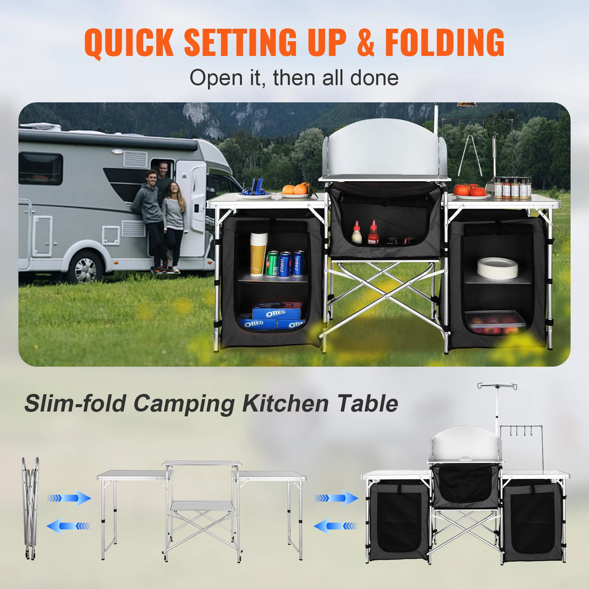 SucceBuy Foldable Outdoor Camping Kitchen Table With Storage Rack