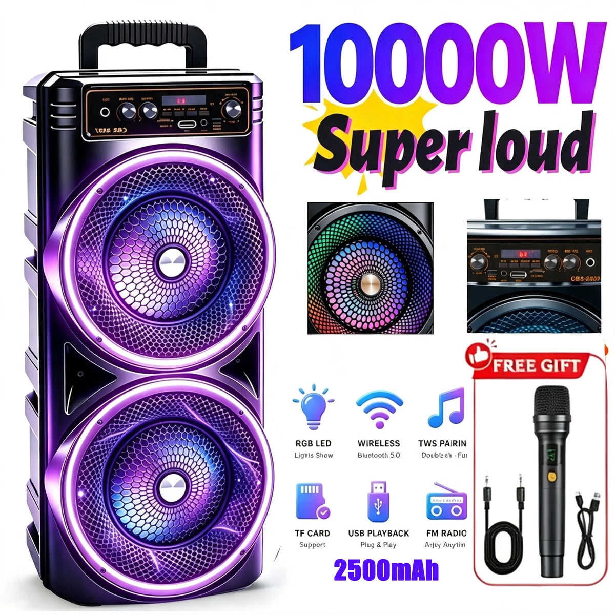 Professional‑Grade Portable Bluetooth Speaker, Dual‑Driver with Dynamic RGB LED Lights, TWS Wireless Stereo Interconnection, Supports Bluetooth, USB Drive, TF Card, Microphone and FM Radio, Compact Outdoor Speaker for Par