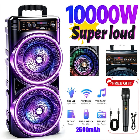 Professional‑Grade Portable Bluetooth Speaker, Dual‑Driver with Dynamic RGB LED Lights, TWS Wireless Stereo Interconnection, Supports Bluetooth, USB Drive, TF Card, Microphone and FM Radio, Compact Outdoor Speaker for Par