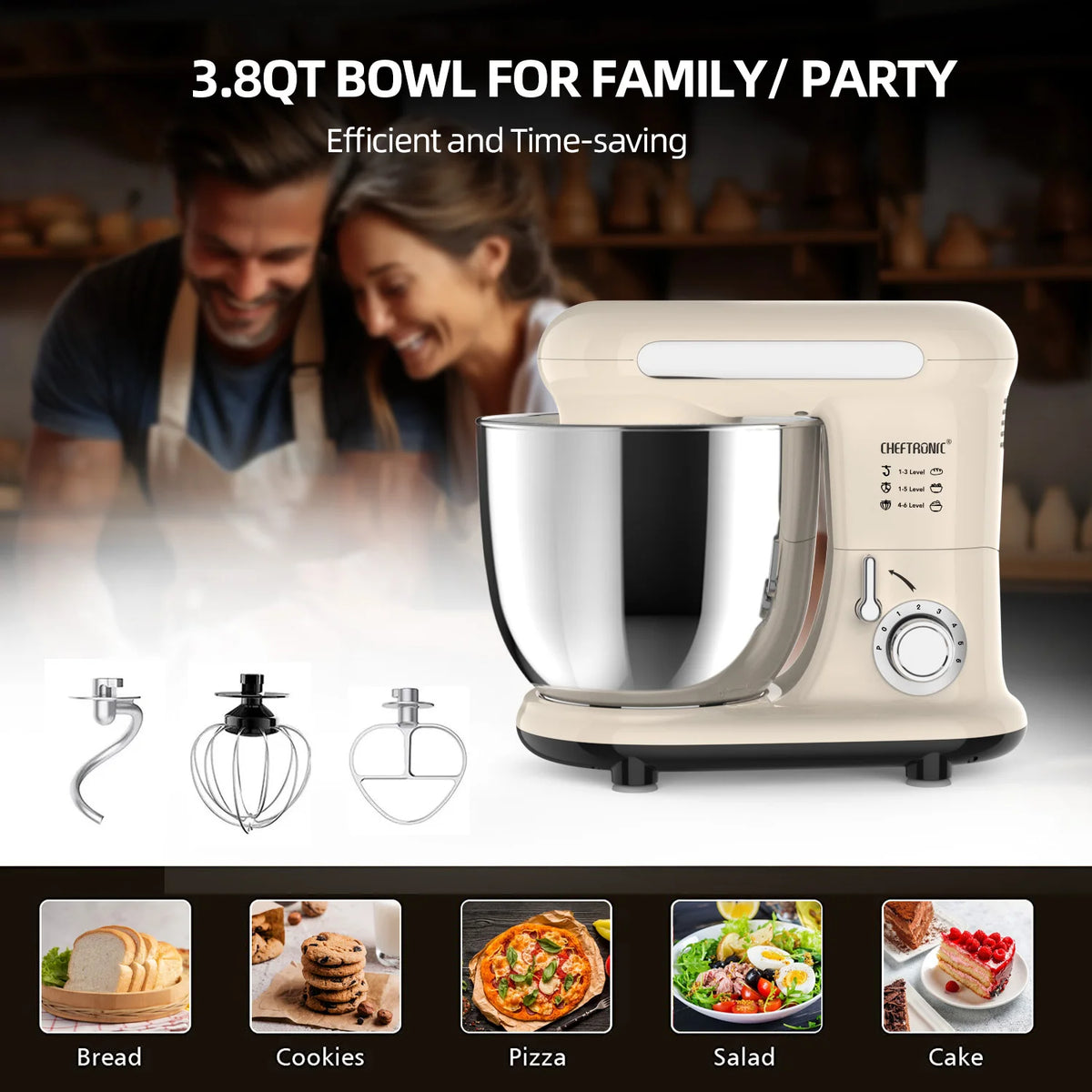 Cheftronic Tilt Head Stand Mixer With Dough Hook And Whisk