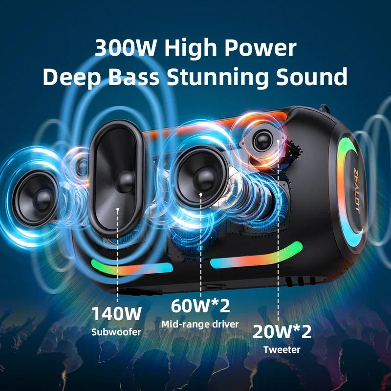 ZEALOT 300W Portable Bluetooth Speaker TWS Subwoofer Waterproof Design