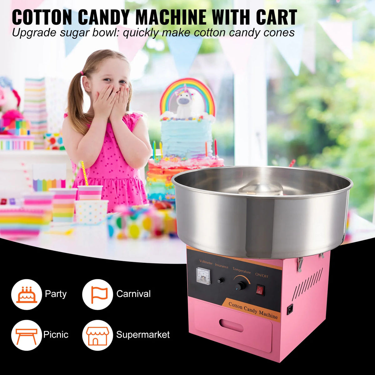 SucceBuy Commercial Electric Cotton Candy Machine With Stainless Steel Bowl