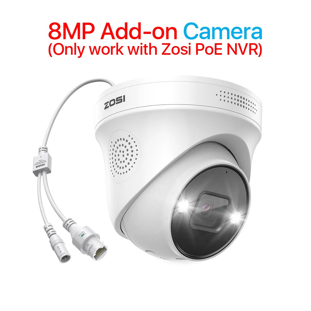 ZOSI 4K PoE IP Camera H.265+ 8MP 5MP HDR Add-on Camera AI Human Detect 100ft Night Vision IP66 Outdoor Video Surveillance Camera