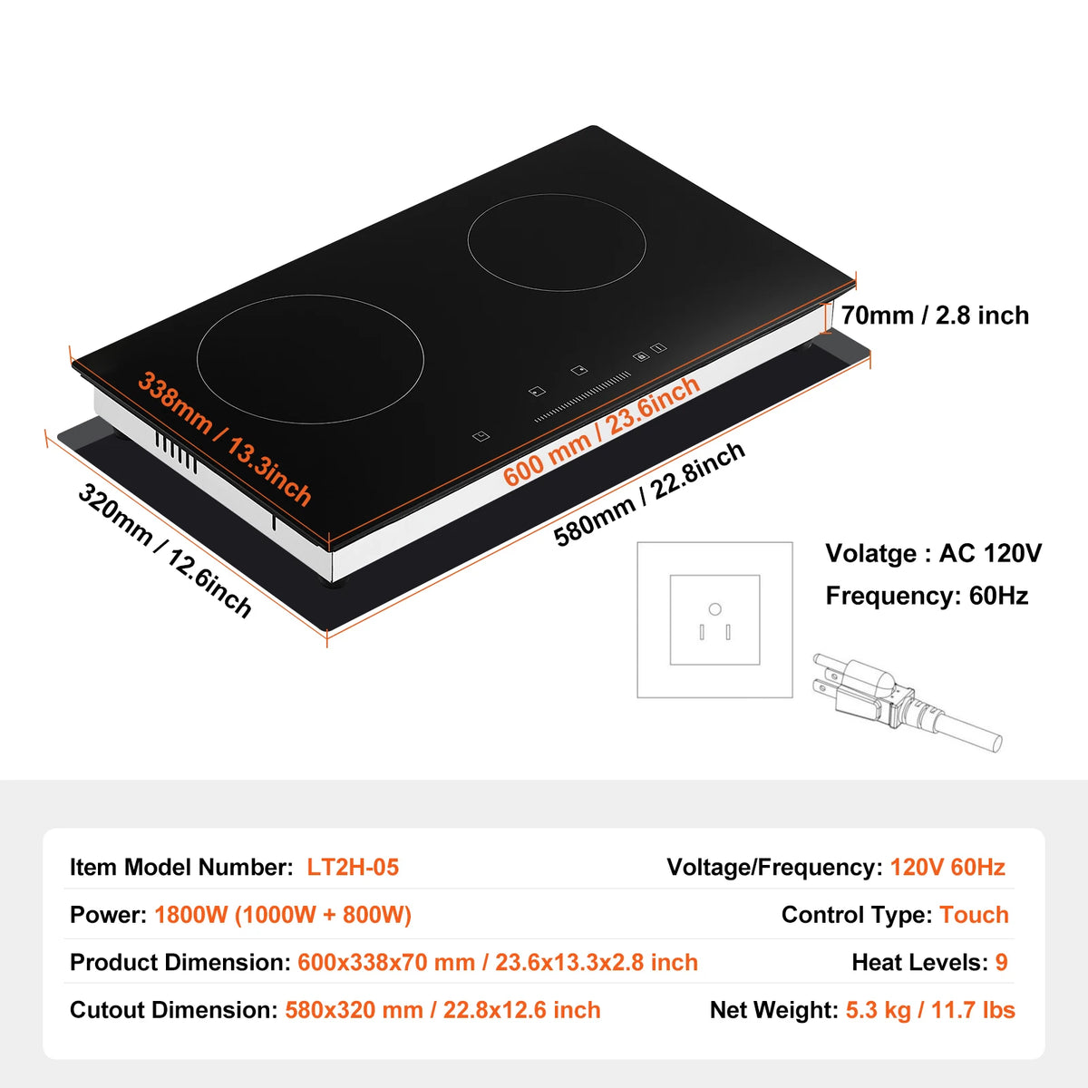 VEVOR Electric Cooktop With Ceramic Glass Touch Control Timer