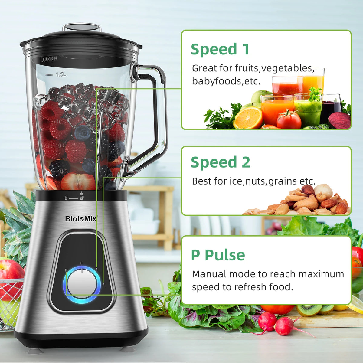 BioloMix Smoothie Blender With Glass Jar For Frozen Drinks