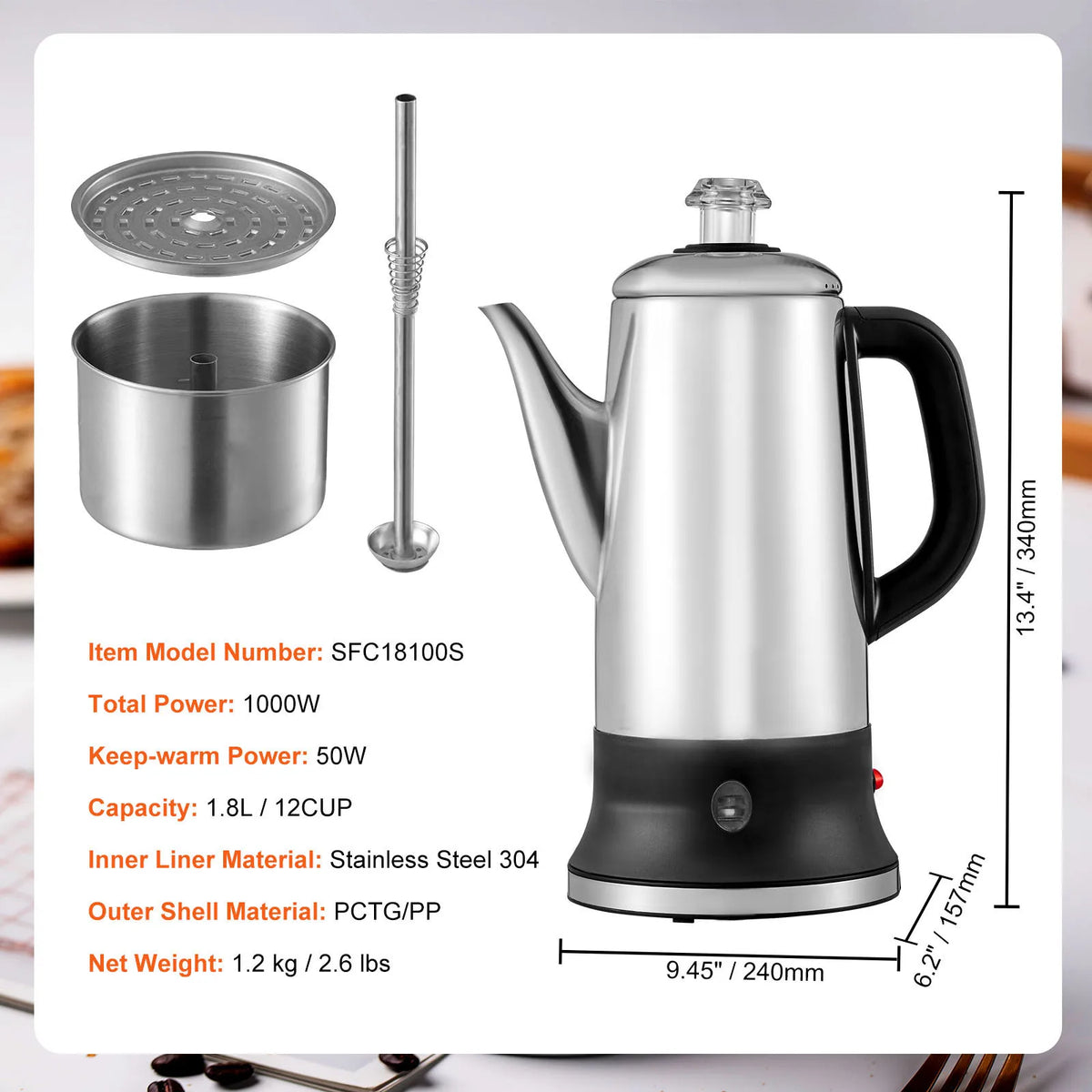 SucceBuy Stainless Steel Electric Coffee Percolator With Keep Warm