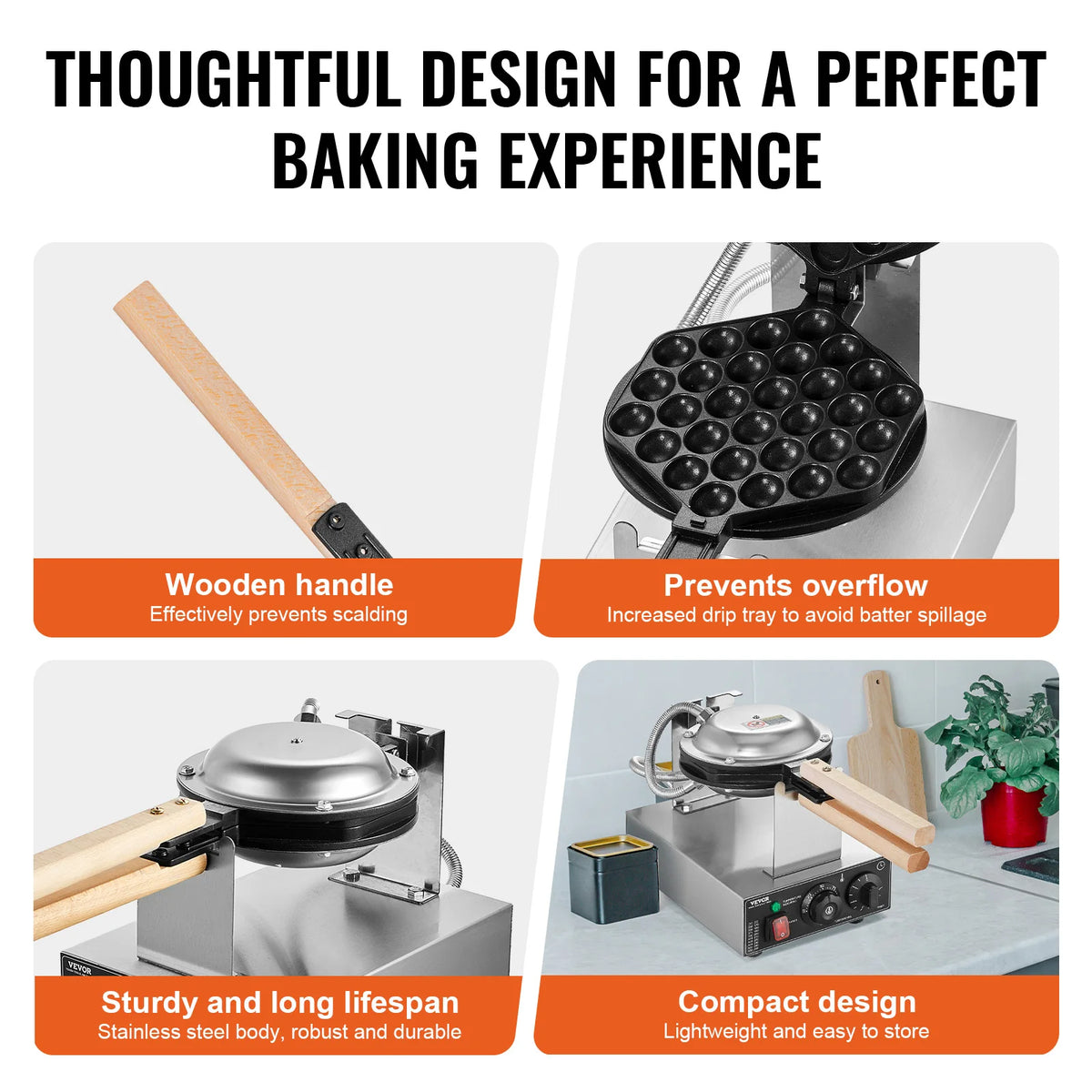 SucceBuy Commercial Bubble Waffle Maker With Rotatable Nonstick Plates