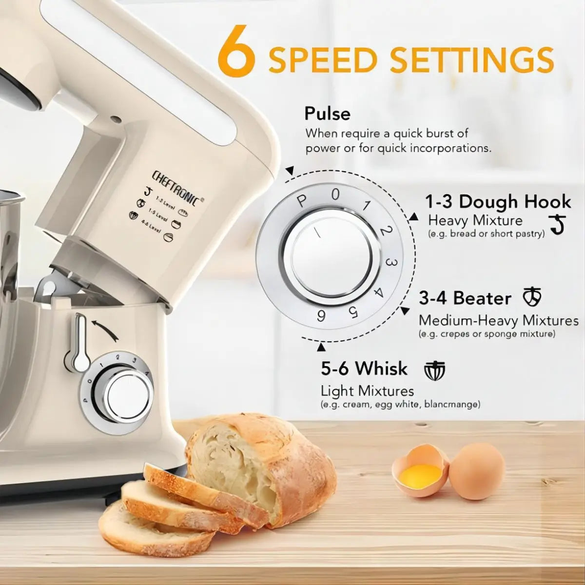 Cheftronic Tilt Head Stand Mixer With Dough Hook And Whisk