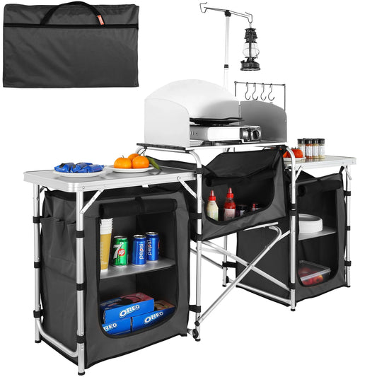 SucceBuy Foldable Outdoor Camping Kitchen Table With Storage Rack