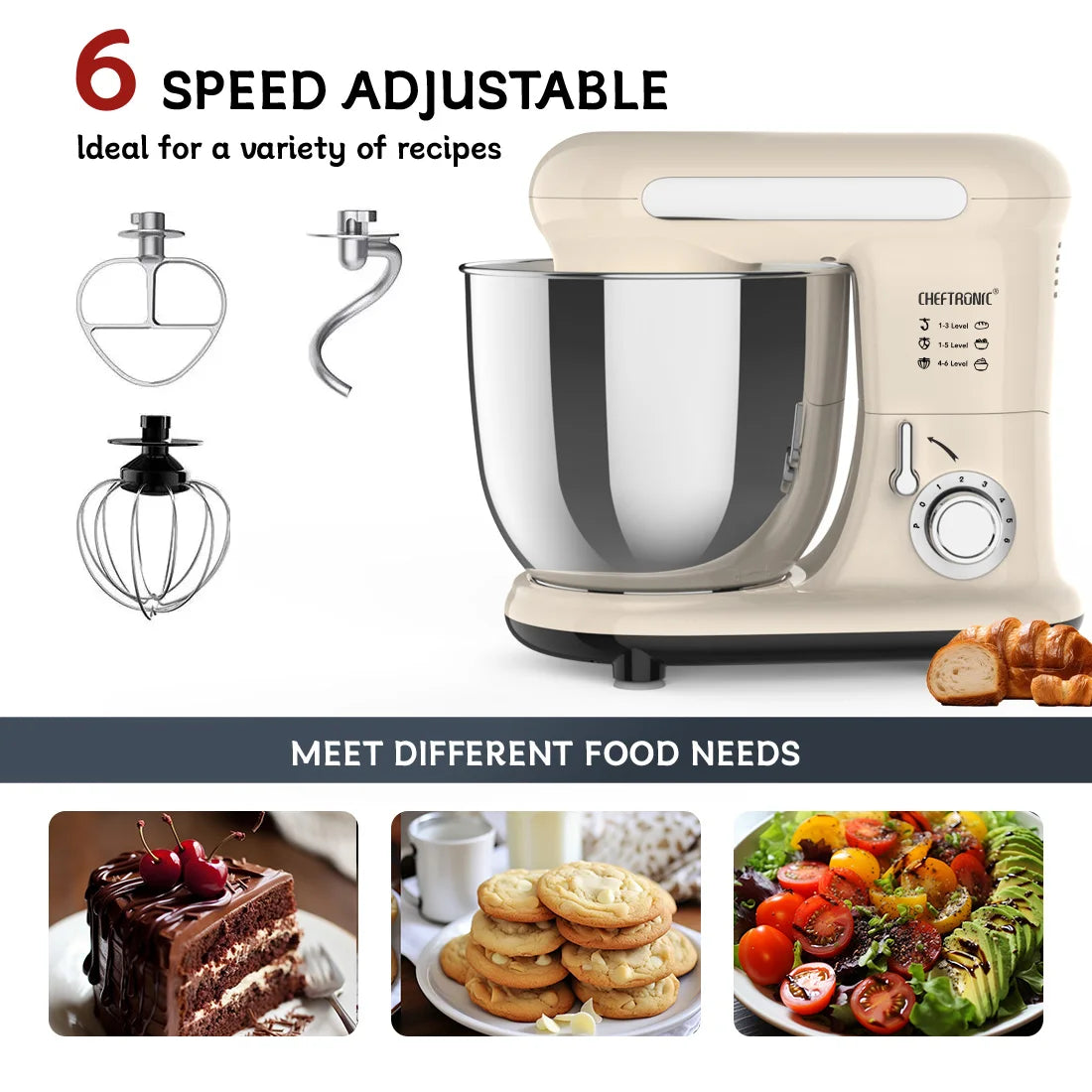 Cheftronic Tilt Head Stand Mixer With Dough Hook And Whisk