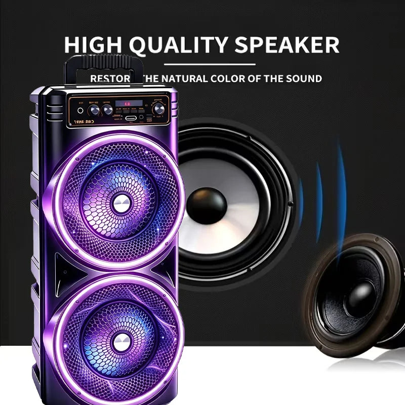 Professional‑Grade Portable Bluetooth Speaker, Dual‑Driver with Dynamic RGB LED Lights, TWS Wireless Stereo Interconnection, Supports Bluetooth, USB Drive, TF Card, Microphone and FM Radio, Compact Outdoor Speaker for Par