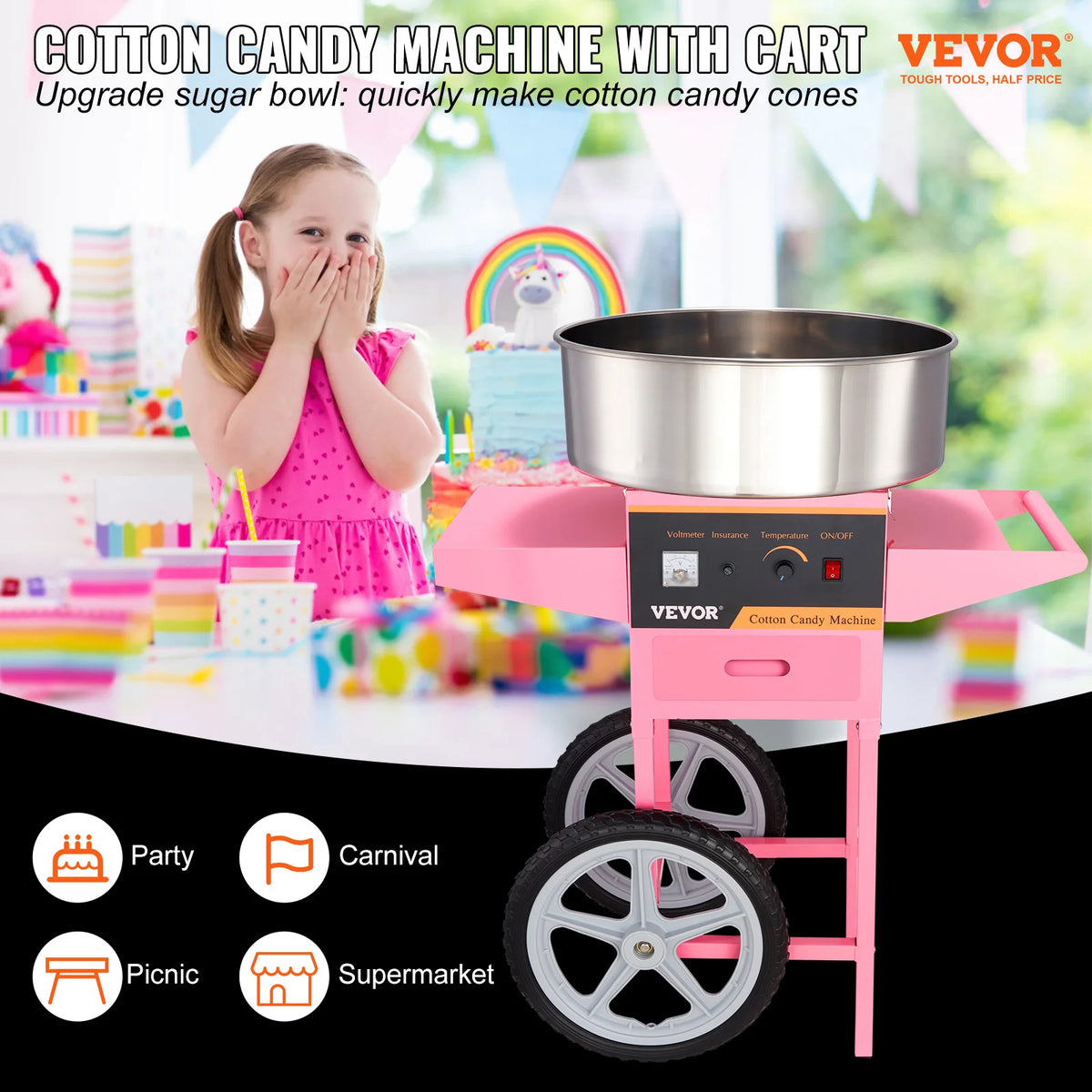 SucceBuy Commercial Cotton Candy Machine With Cart And Stainless Bowl