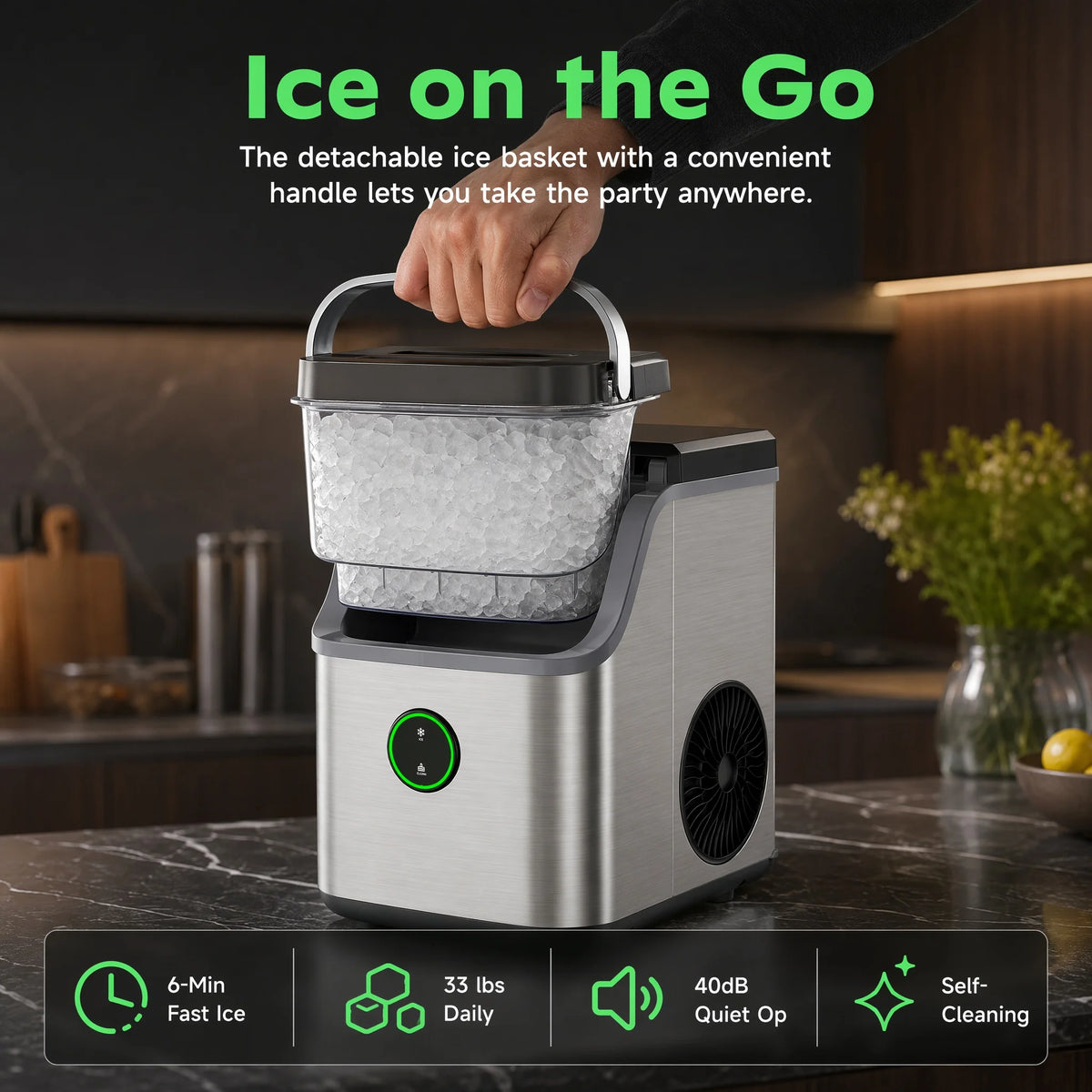 PHILERGO Nugget Ice Maker With Handle And Self Cleaning Function