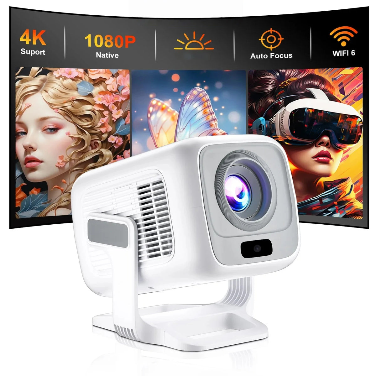 Portable Android Projector Auto Keystone WiFi 6 Bluetooth Streaming 1080P 4K Support