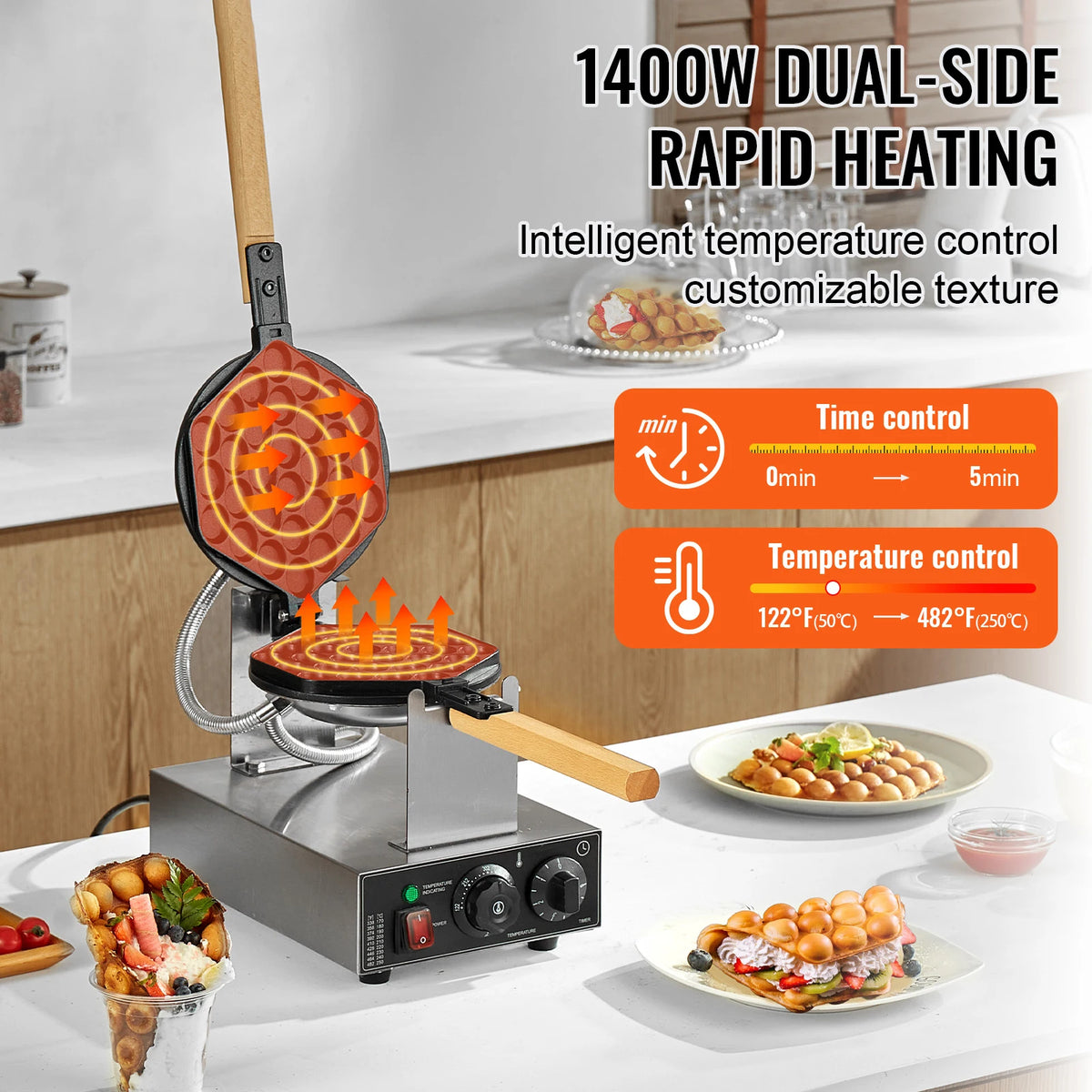SucceBuy Commercial Bubble Waffle Maker With Rotatable Nonstick Plates