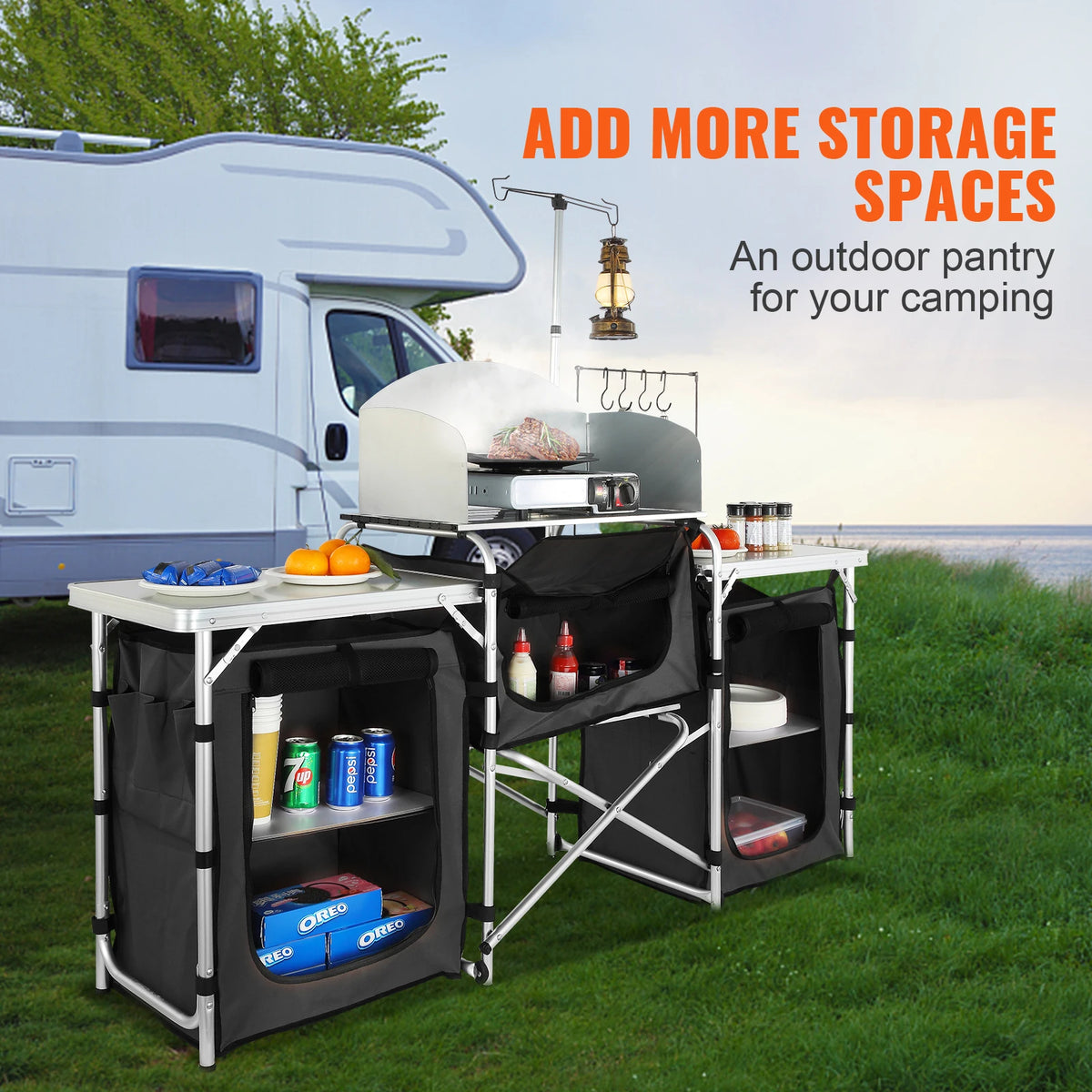 SucceBuy Foldable Outdoor Camping Kitchen Table With Storage Rack