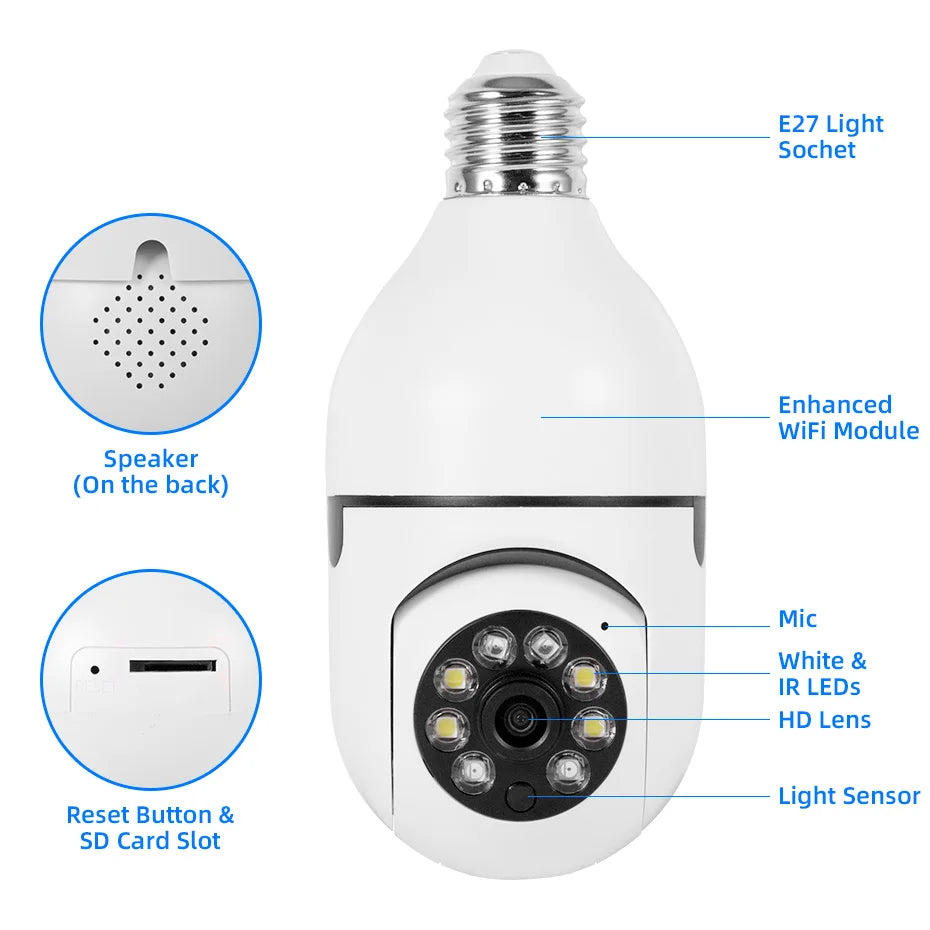 FUERS 2MP E27 Bulb Security Camera 2.4G WiFi PTZ CCTV Camera 4X Zoom AI Human Tracking Color Night Vision Two Way Audio Baby Monitor Indoor