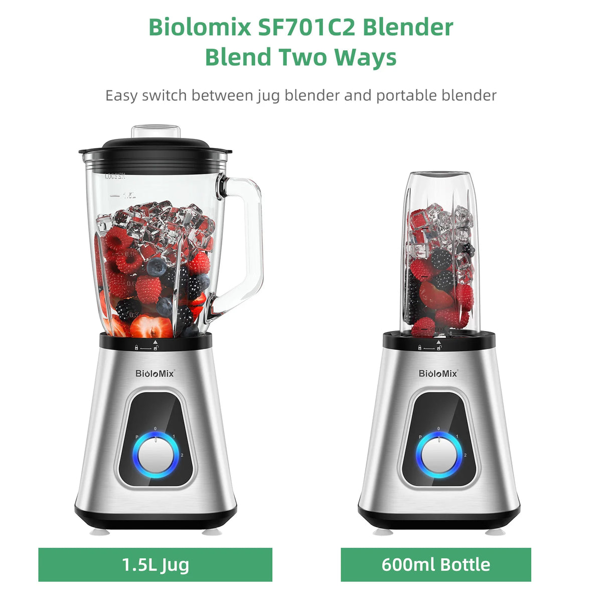 BioloMix Smoothie Blender With Glass Jar For Frozen Drinks