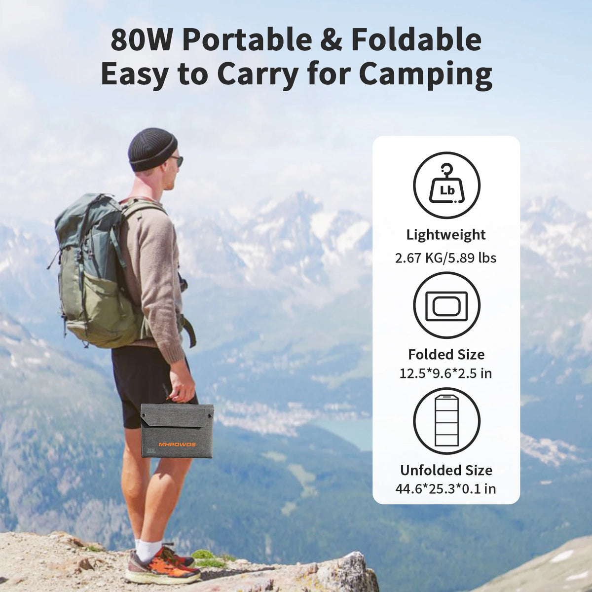 MHPOWOS 80W Foldable Solar Panel, Portable Power Supply with 4 Ports (DC/USB-C/2xUSB-A) & 7-in-1 Connector for Emergency Backup